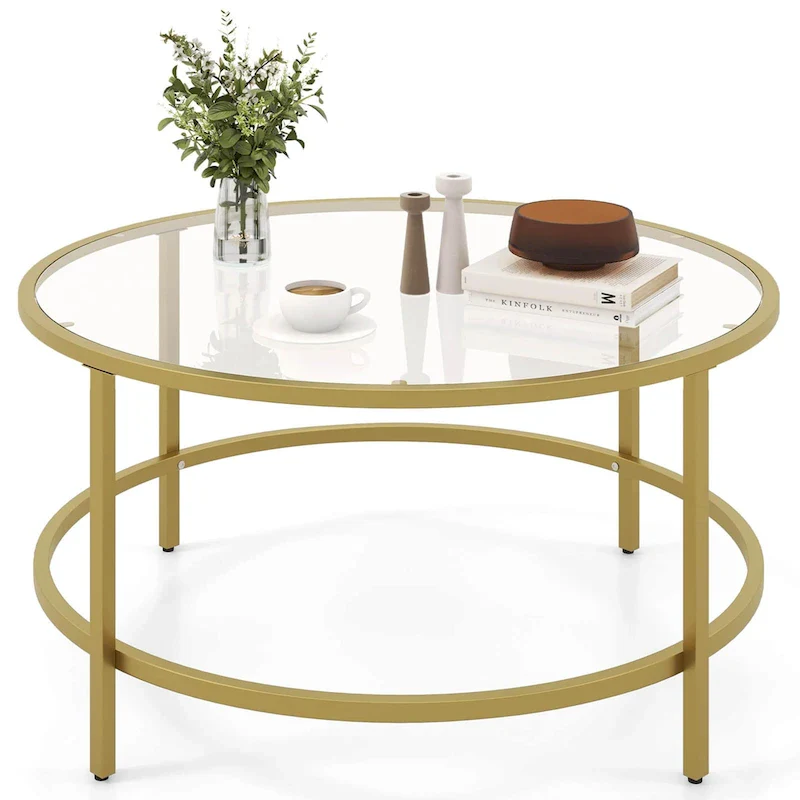 36 Round Coffee Table Tempered Glass Tabletop Metal Frame