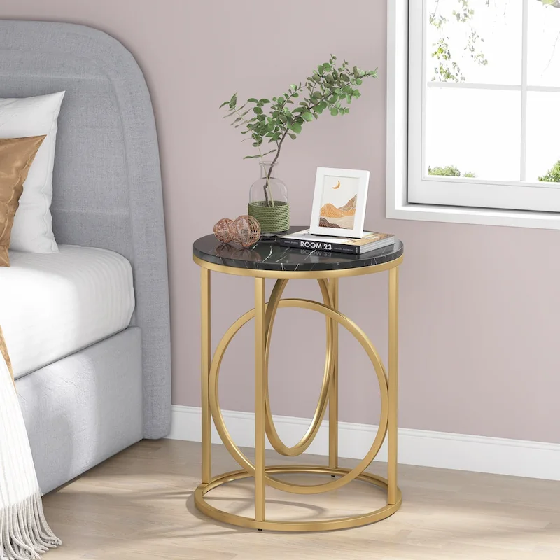 20 in. Marble White Round Wood End Table with Gold O-shaped Base
