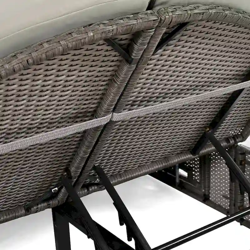 Rattan Patio Daybed with Cushions, Reclining Chaise Lounge, Foldable Trays