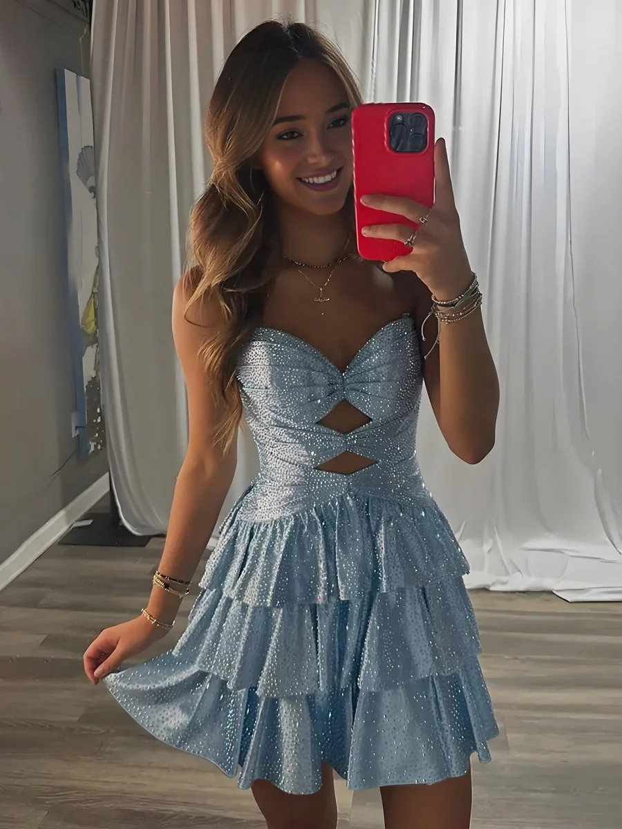 Sky Blue - A Line Sweetheart Satin Cut Out Ruffled Homecoming & Cocktail Dresses with Beads