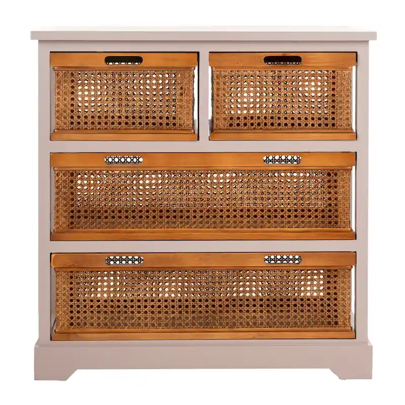 4-Drawer Storage Cabinet, Cane Basket Style, 1-Unit – Quartz Grey / Barley / Antique Black