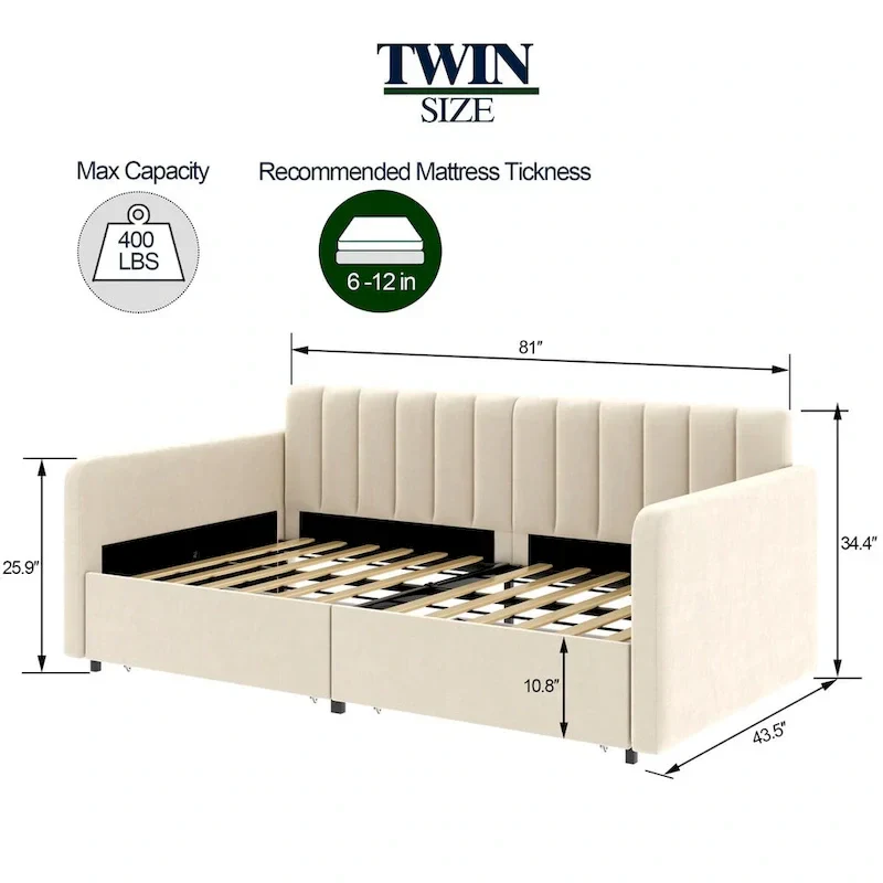 Upholstered Daybed with 2 Drawers - Boucle - Twin Size