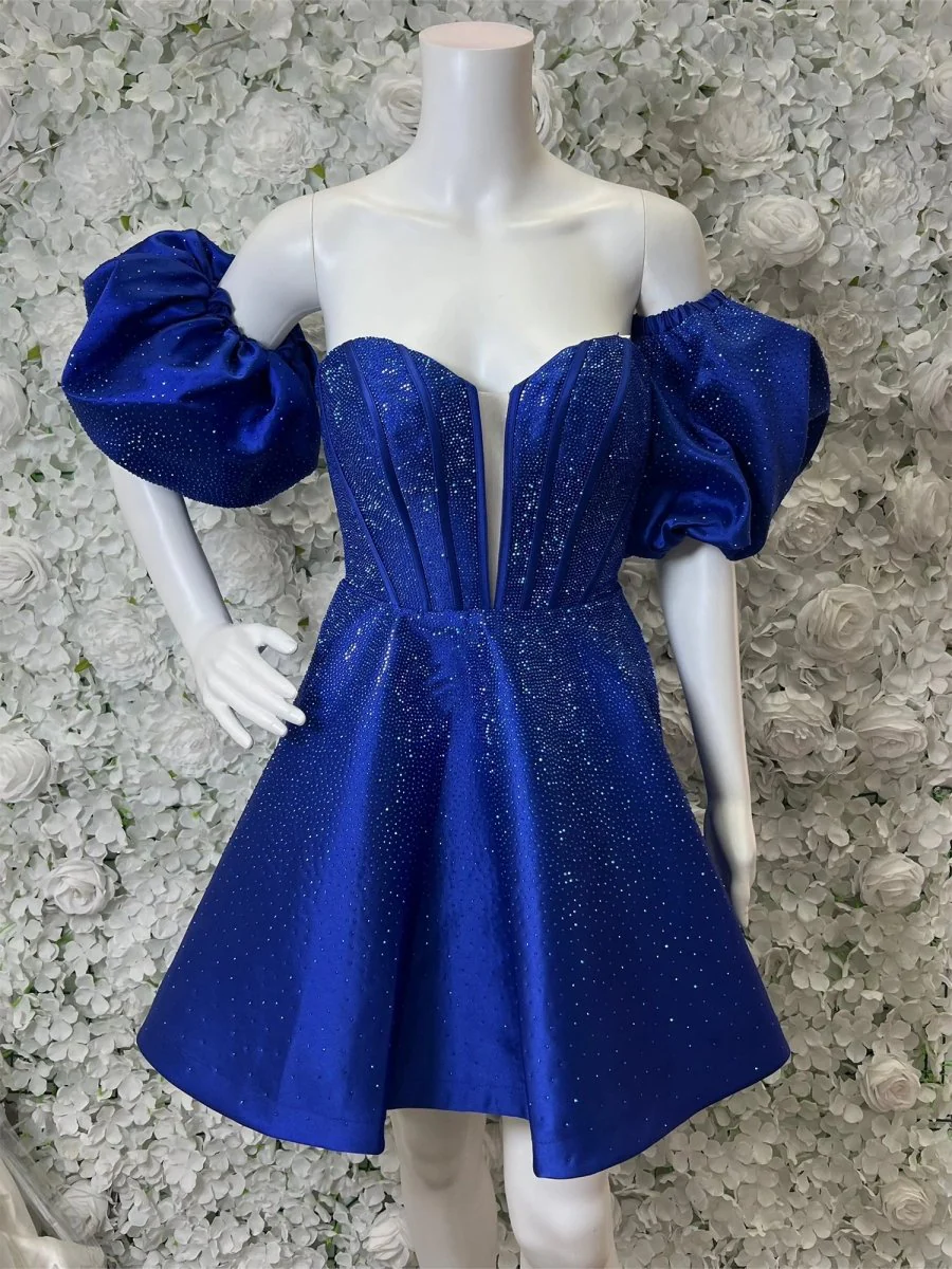 Royal Blue - A Line Strapless Blue Satin Short Homecoming Dresses with Beading