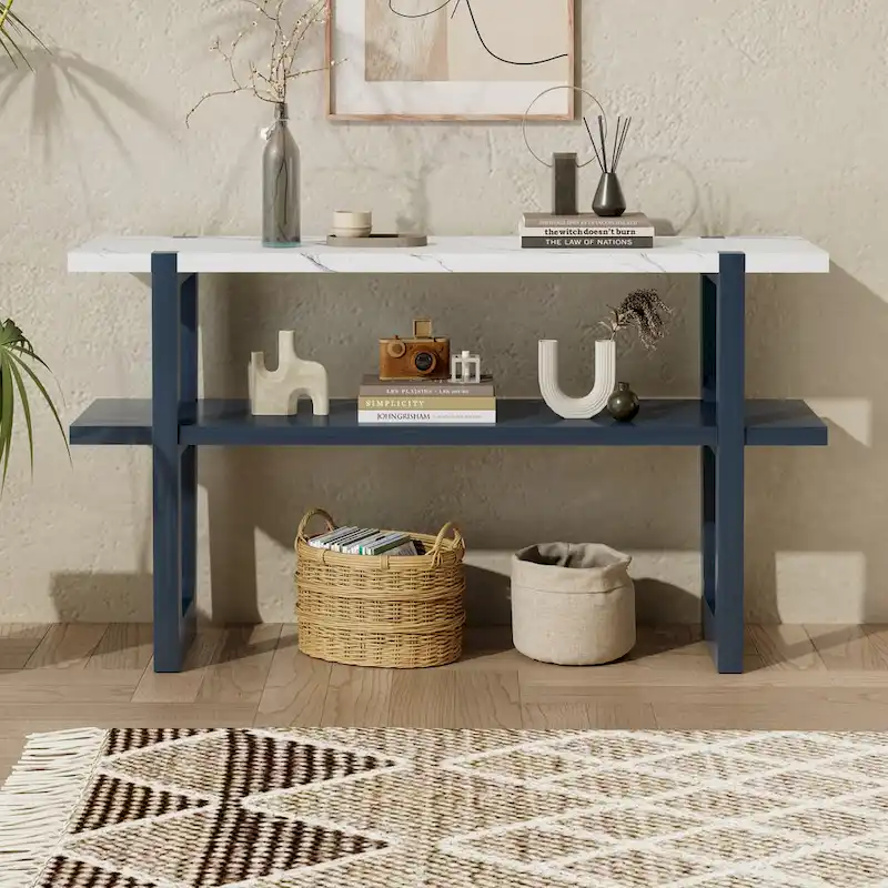 Narrow Console Table with Marble-Effect Top(Navy)