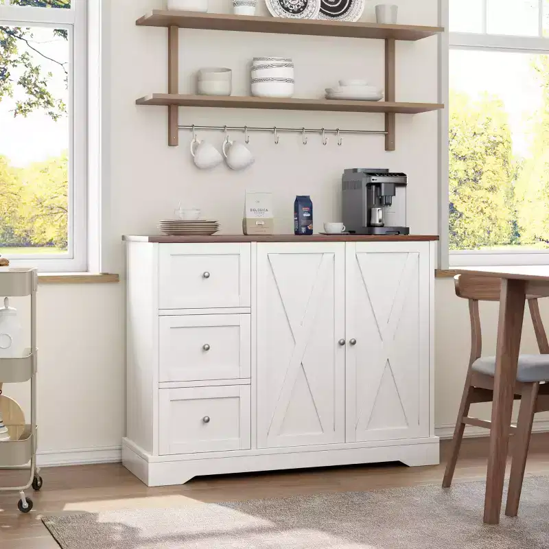 GustoWave 42 Farmhouse Buffet Cabinet with Storage, Coffee Bar Cabinet with 3 Drawers, Sideboard for Kitchen Dining Living Room, White