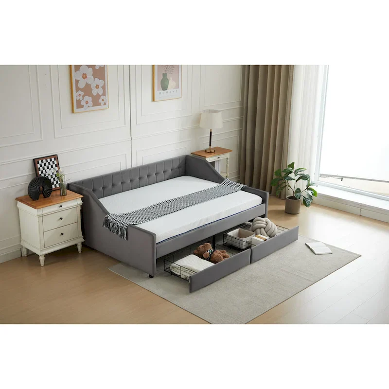 Modern Upholstered Sofa Bed with 2 Drawers and Wooden Frame, Vertical Stripes
