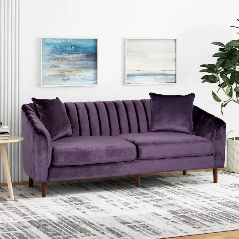 Contemporary Velvet 3-Seat Sofa with Channel Tufting and Sloped Arms