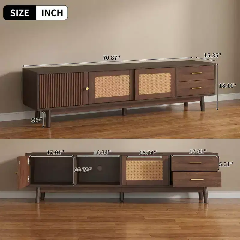 JVNOXK Mid Century Modern Rattan TV Stand for 80 TVs with Storage & Solid Wood Legs