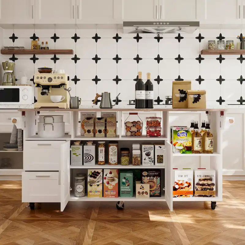 Rolling Kitchen Island Cart with Flip-Top Table, 2 Drawers, 2 Cabinets, and Towel Rack Buffet Sidboard