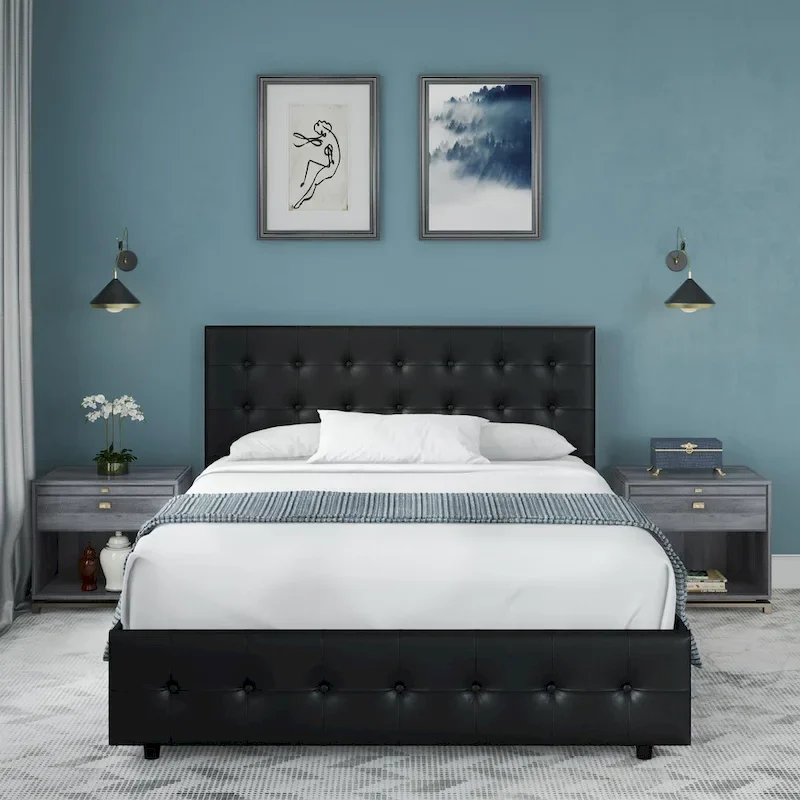 Black Faux Leather Upholstered Platform Bed - Modern Bedroom Furniture