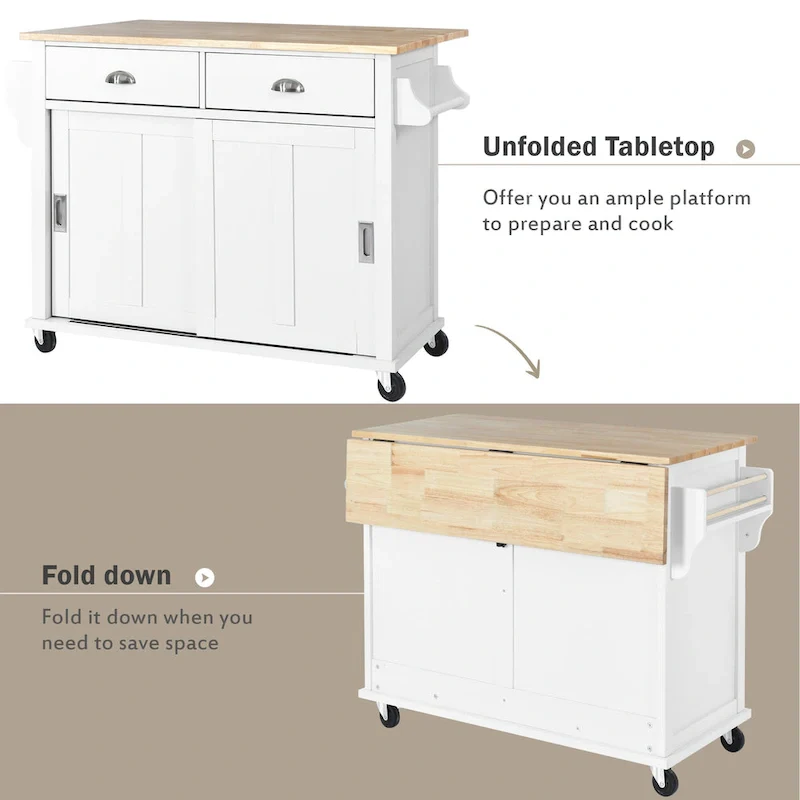Kitchen Cart With Rubber Wood Drop-Leaf Countertop(no include stool)