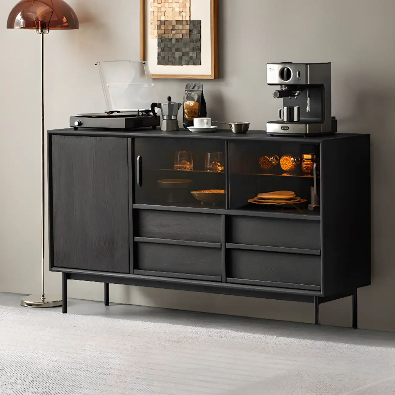 Lighting Black Wooden 4-Drawer Storage Buffet Cabinet