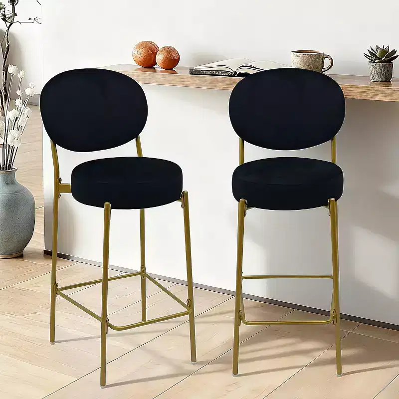 PexFix Modern Upholstered Bar Stools Velvet Counter Stool with Backrest & Footrest Set of 2 Round Dining Chairs with Metal Legs for Kitchen