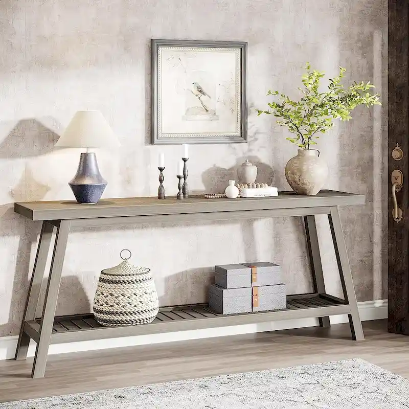 Grey / Brown 2-Tier Farmhouse Console Entryway Table – 70.9 Inch Extra Long