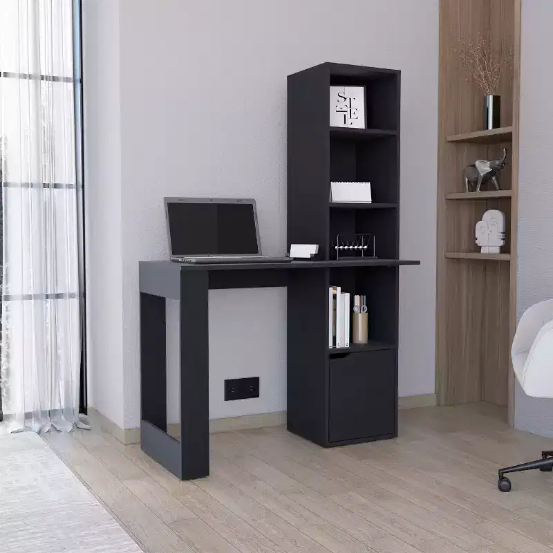 TUYOHW 25 Computer Desk,Home Office Desk with 4-Tier Bookcase,1 Cabinet,Ample Work Surface,Writing Desk for Bedroom,Study,Small Spaces
