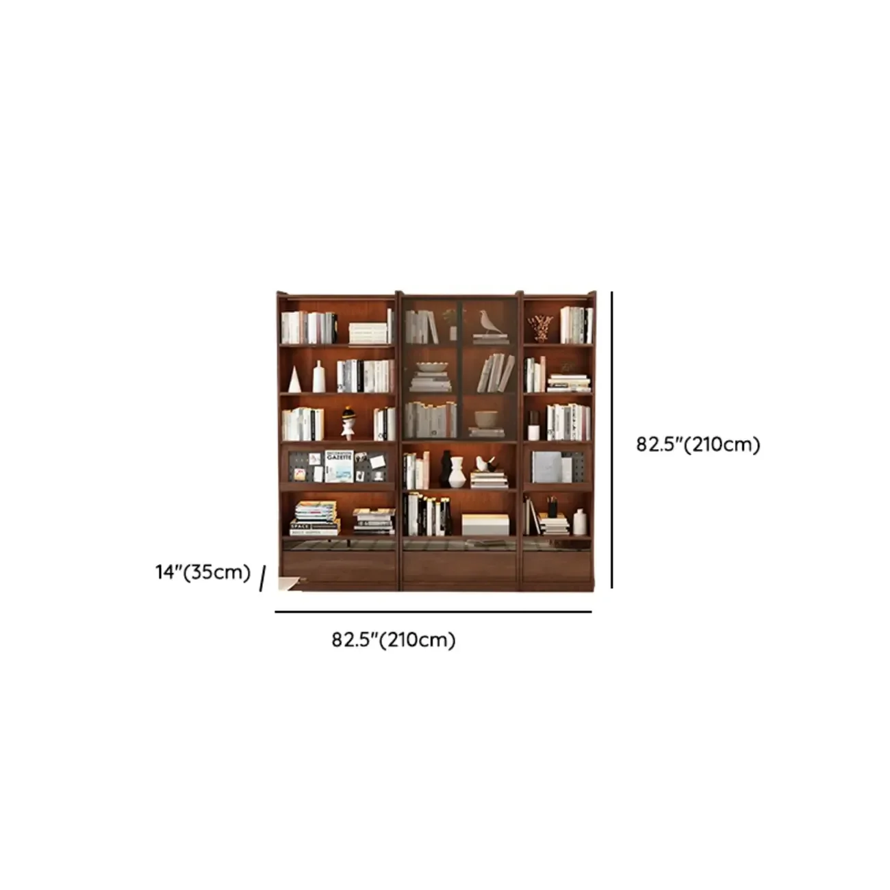 Mid Centyury Tall Brown Vertical Wood Bookcase with Drawers