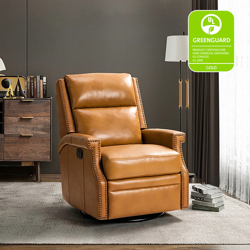 Genuine Leather Wingback Swivel Rocker Recliner with Brass Tacks & Manual 2-Position | Camel / Navy / Saddle / Brown / Sage / Dove / Beige / Turquoise / Burgundy | Single Seat