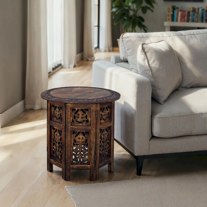 Round Folding Mango Wood Accent Table – Walnut Brown, Hand-Carved