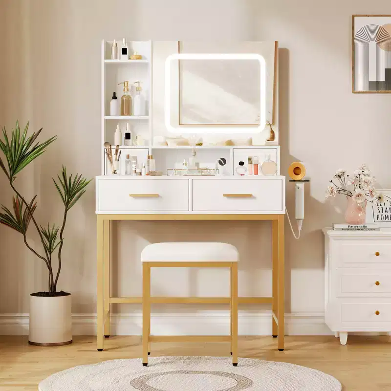 Makeup Vanity Desk with Mirror and Lights, 4 Drawers, 2 Storage Shelves, Built-in Charging Station, White and Gold Vanity Table with LED Light