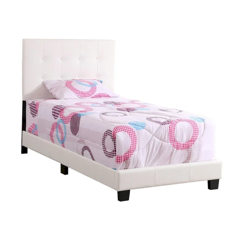 Faux Leather Button Tufted Twin Panel Bed - 77 - White