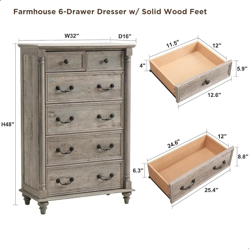 Farmhouse 6 Drawers Dresser Chests, Rustic Wood Chest of Drawers