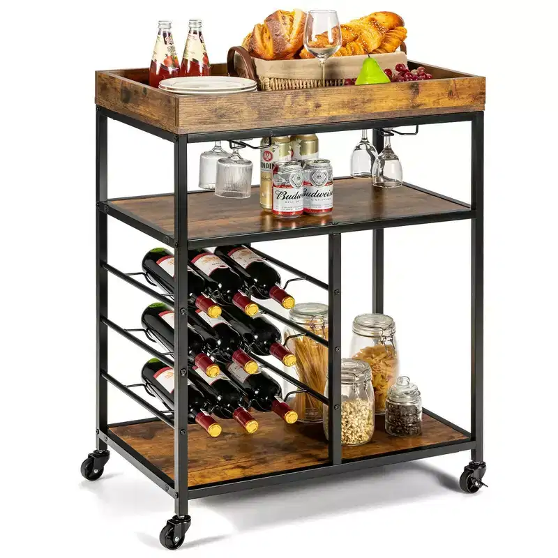 Costway 3-Tier Rolling Kitchen Cart Utility Trolley w/ Wine Bottle Rack