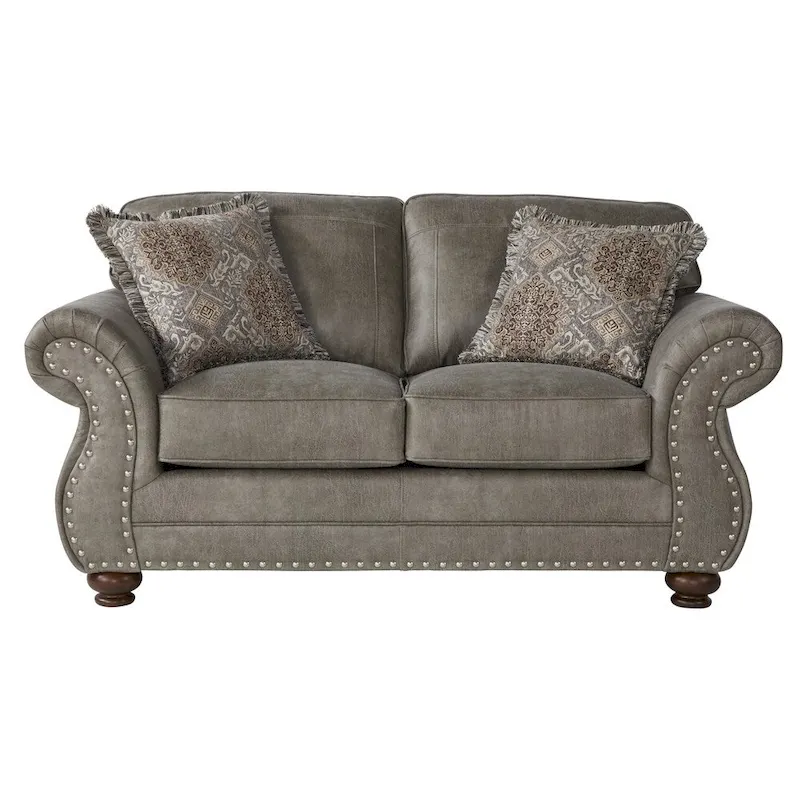 Roundhill Furniture Leinster Faux Leather Upholstered Nailhead Sofa and Loveseat Set in Stone Gray