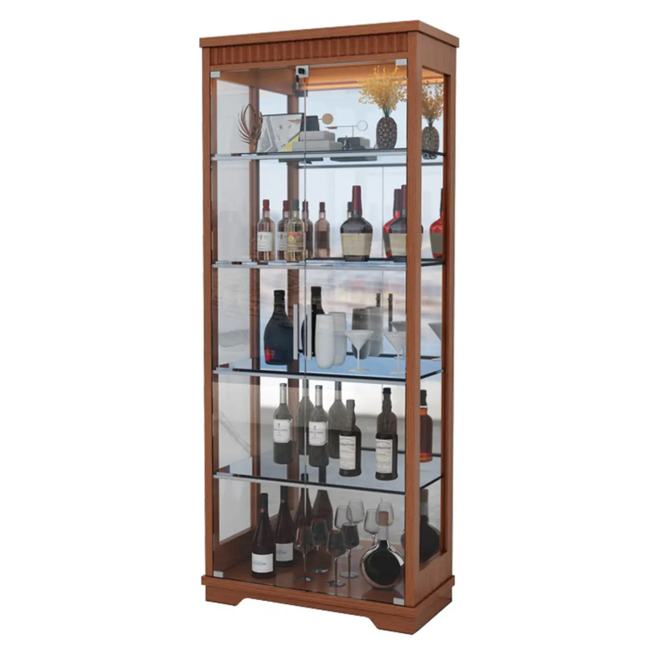 Modern Natural Wood Wine Rack with Glass Shelf