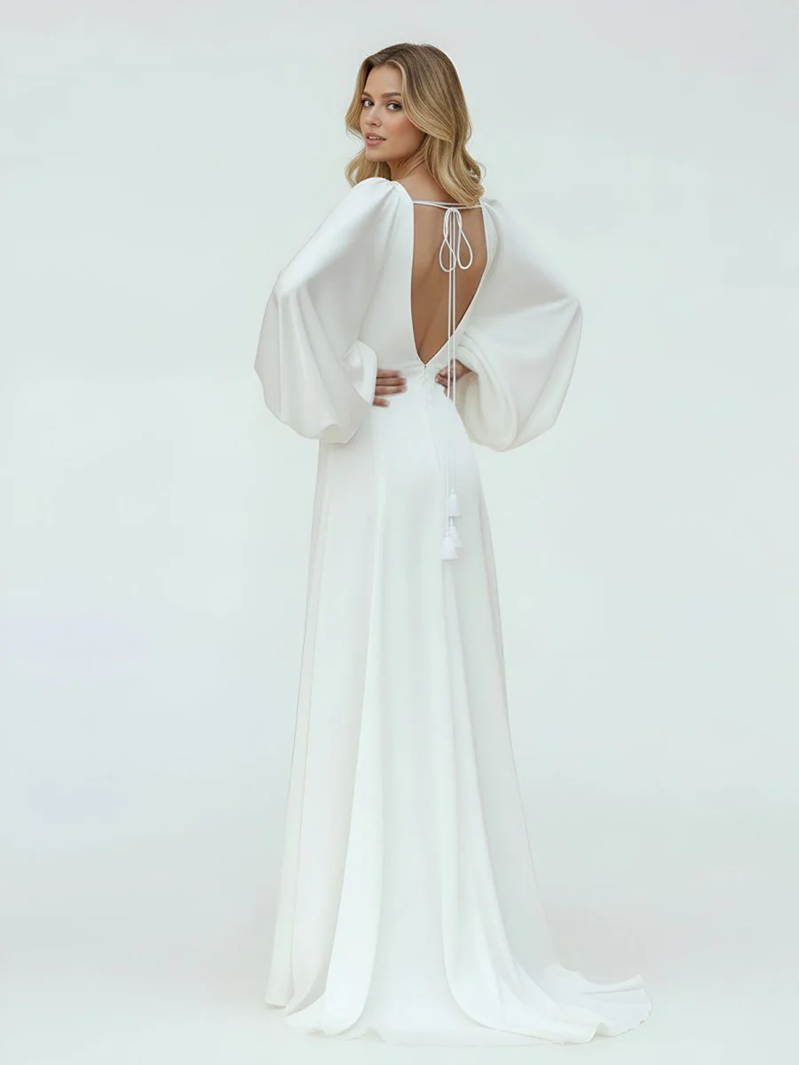 White Satin Simple A-Line Long Wedding Dress with Slit