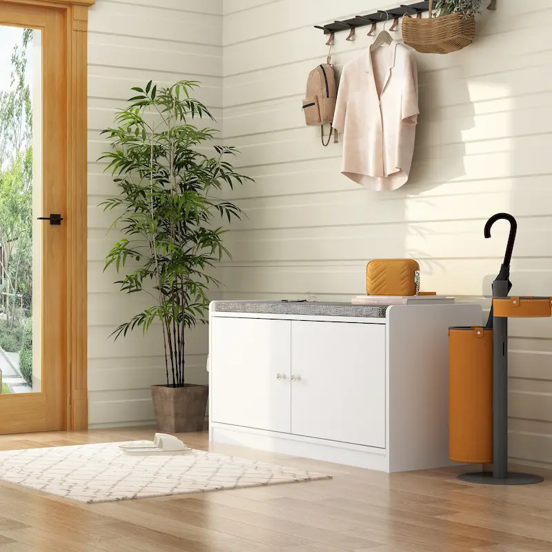 Shoe Storage Bench Storage Entryway Bench Door Cabinet Cushioned