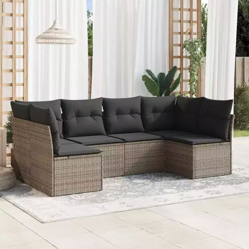vidaXL 7 Piece Patio Sofa Set with Cushions Poly Rattan - With Table Black and Cream