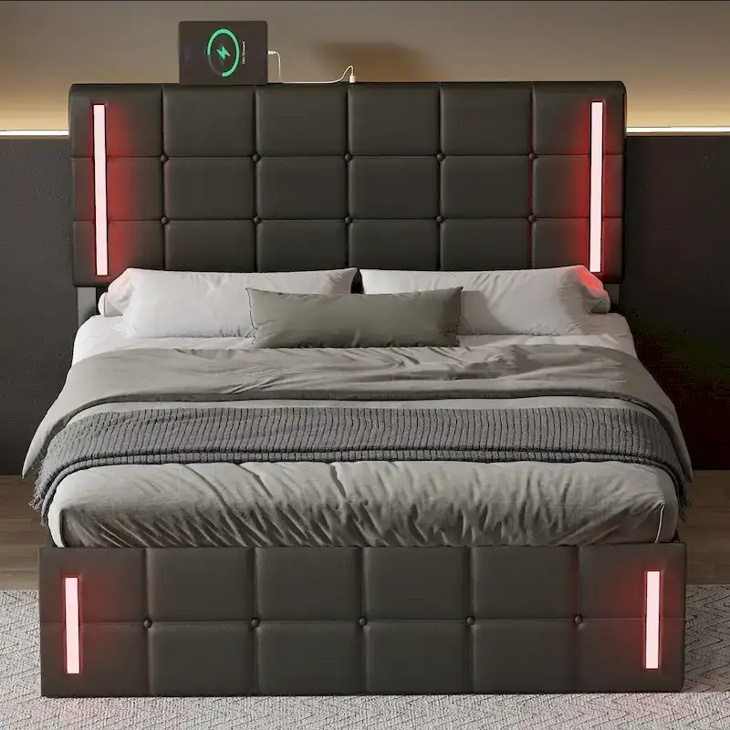 Upholstered Bed with Hydraulic Storage System and USB Charging Station