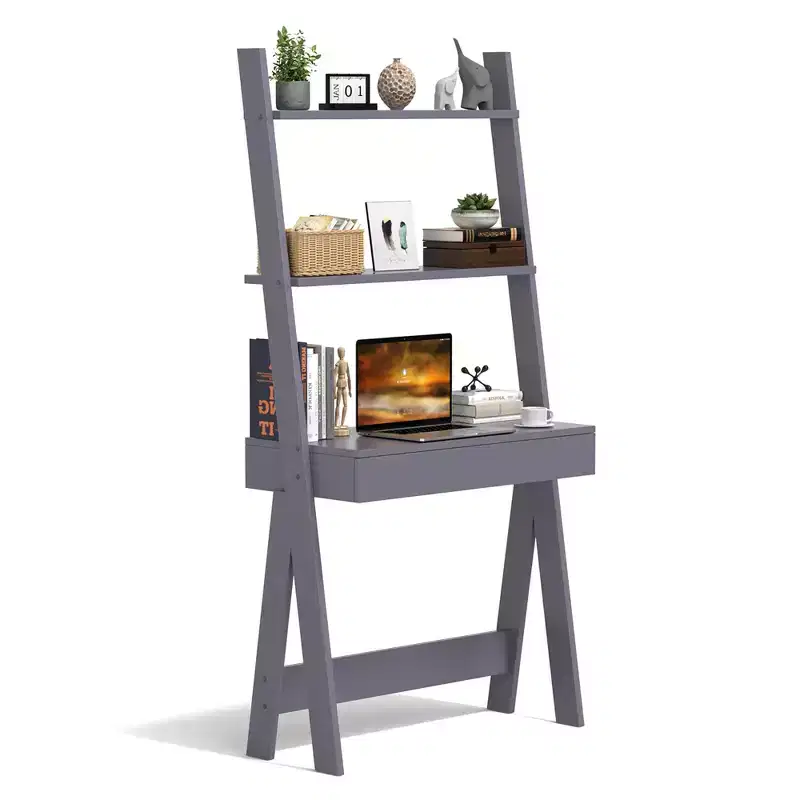 Costway Home Office Ladder Desk Wall-Leaning Laptop Workstation with Storage Shelves Natural/White/Walnut