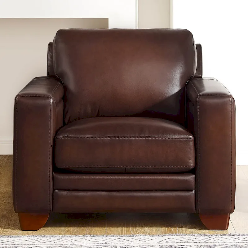 Top Grain Leather Armchair, Square Track Arms, Nail Head Trim, Grey / Caramel Brown, 1 Person