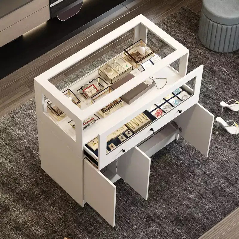 Famapy White Jewelry Armoire with Locking Glass Display Cabinet, Modern Freestanding Storage Organizer for Bedroom, Kitchen and Living Room