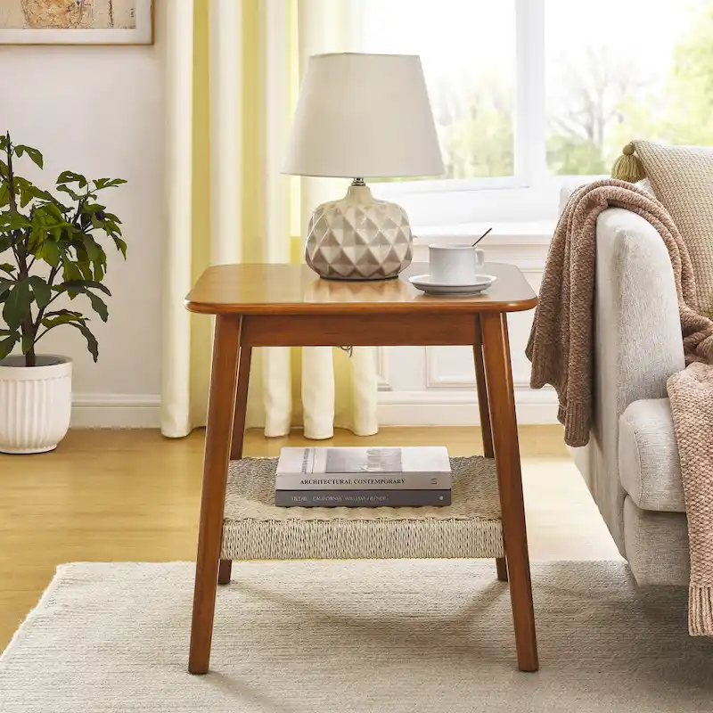 Mid-Century Square Side Table with Woven Shelf Walnut
