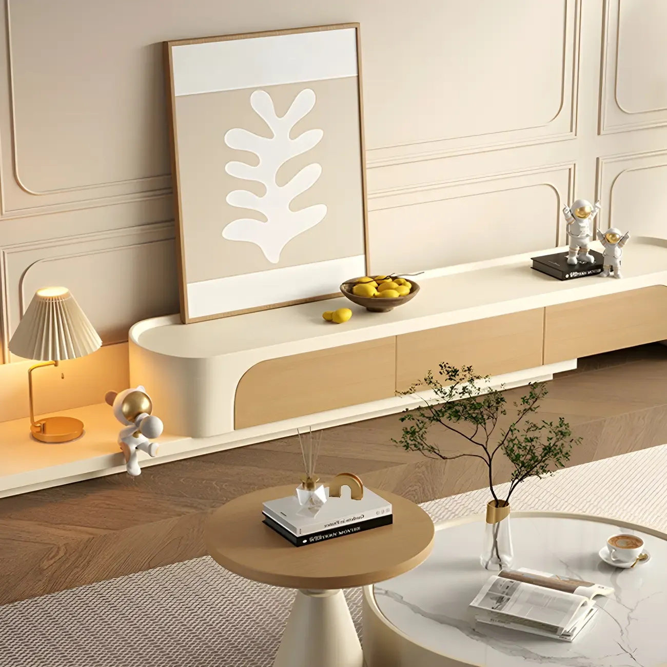 Nordic Beige Wooden TV Stand with Open Storage for Home