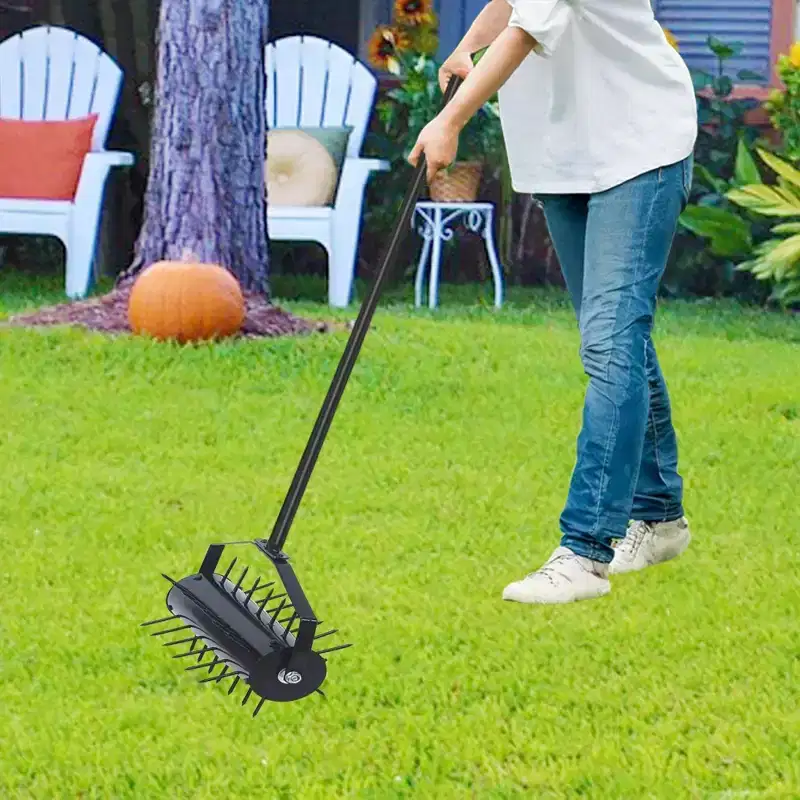 NAYSAYE Manual Lawn Aerator Rolling Soil Spike Tool Lawn Care Pusher for Yard Garden, Black, 18.9*9.06*8.86