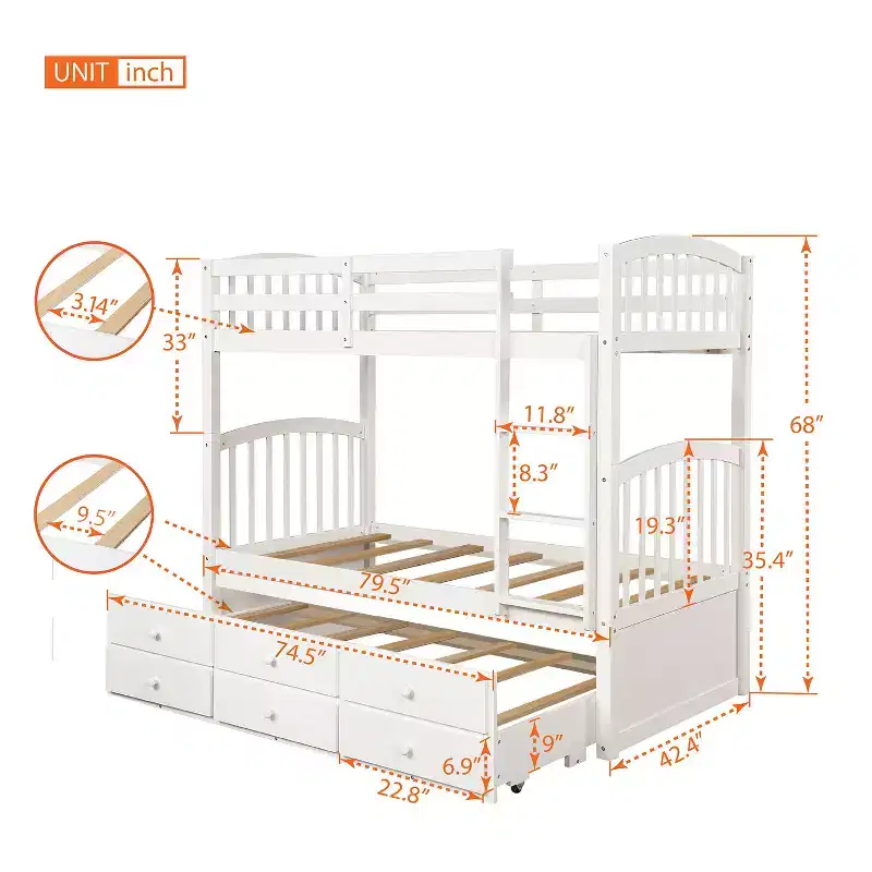 Luxystar Modern Twin Over Twin Bunk Bed With Trundle and 3 Drawers