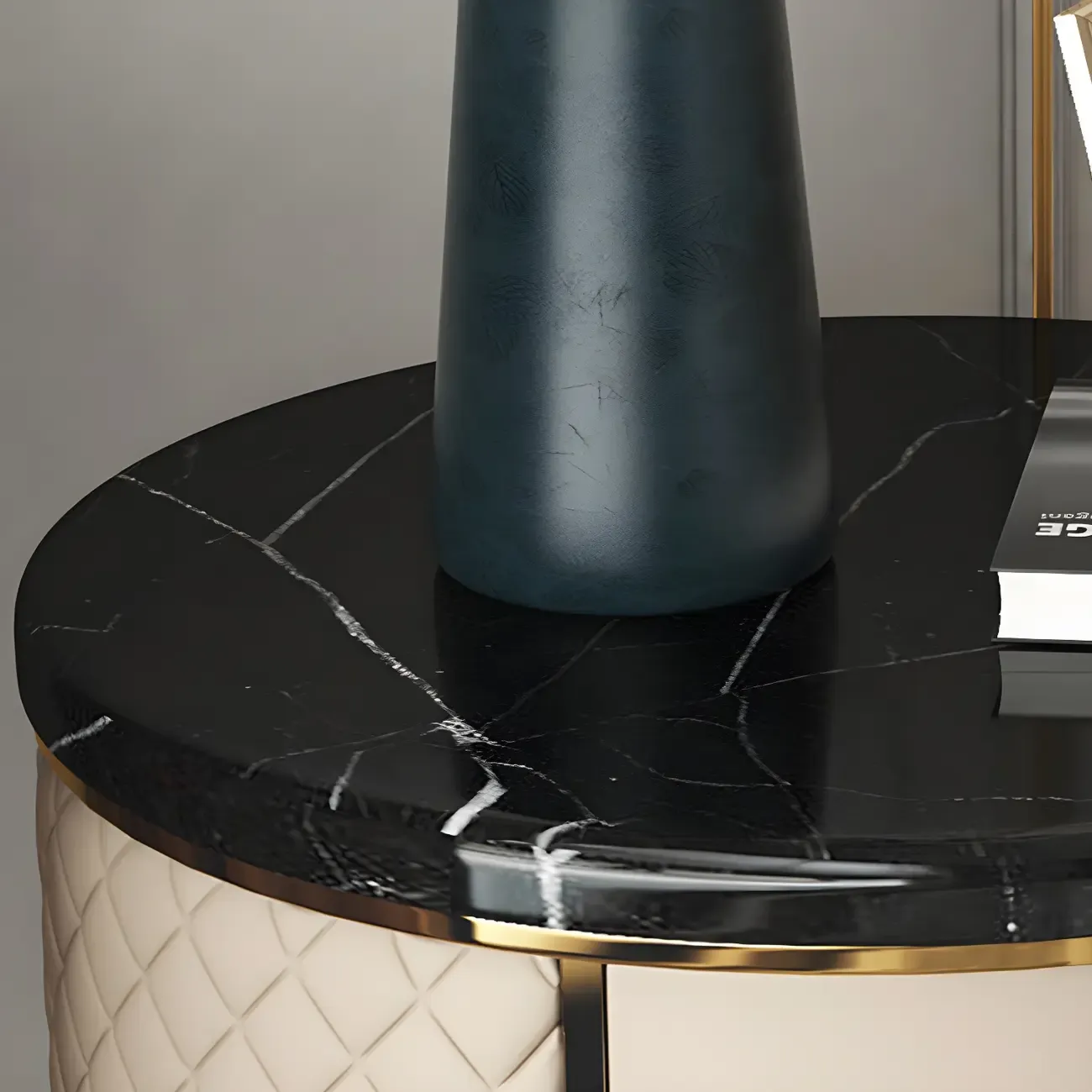 Glam Round Leather Nightstand with Marble Countertop 2 Drawers
