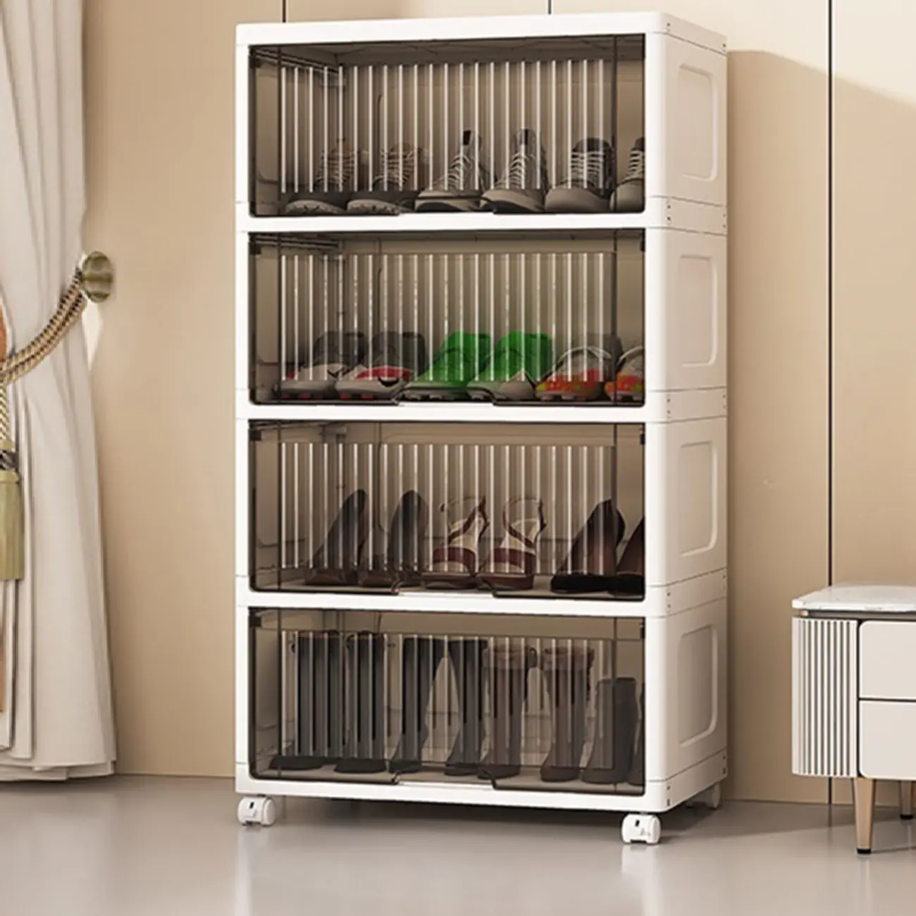 Hallway White Plastic Drop-Front Shoe Cabinet with Casters