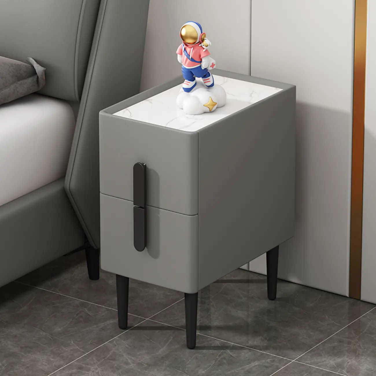 Trendy Gray Bedside 2-Drawer Nightstand with Stone Top