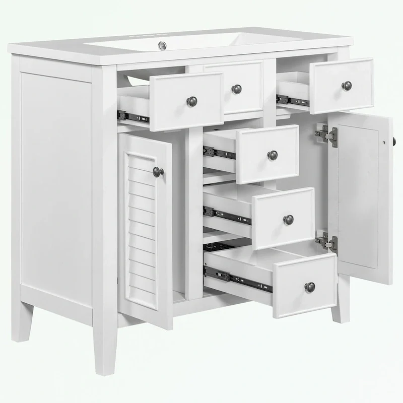 Bathroom Vanity with Ceramic Basin, Two Cabinets and Five Drawers