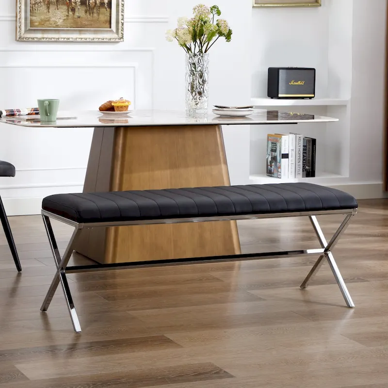 White / Yellowish Brown / Black Faux Leather Channel Tufted Dining Bench with X-Style Metal Legs - Fits 2 People