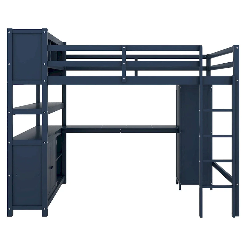 Wood Loft Bed with Cabinet and Bookshelf, Full Size Loft with Wardrobe and Desk for Kids