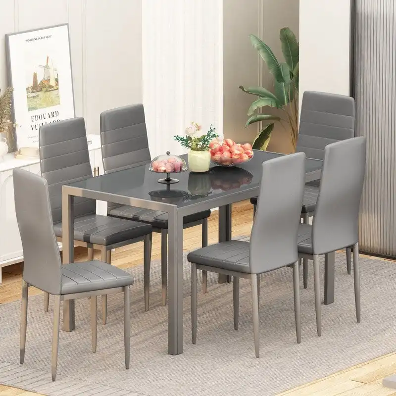 Grondin Modern Style 7-Piece Dining Room Table Set with Tempered Glass Tabletop and 6 PU Leather Upholstered Chairs