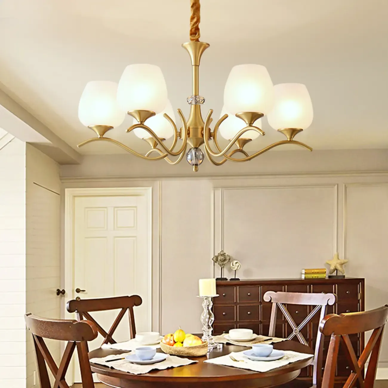 Mid-Century Modern White Glass Elegant Gold Chandelier