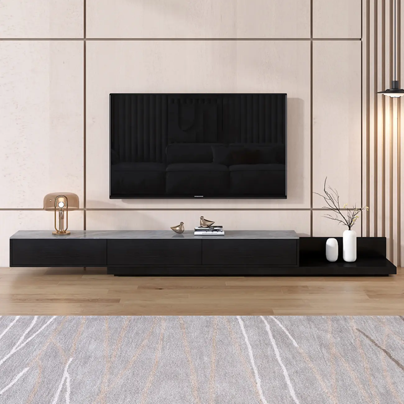 71 Walnut-Black Modern Stone TV Console with Drawers