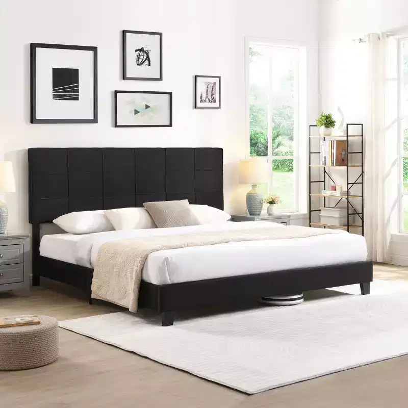 Okak King Size Bed Frame with Linen Fabric Headboard, Upholstered Platform Bed Frame with Wood Slat Support for Bedroom, Black