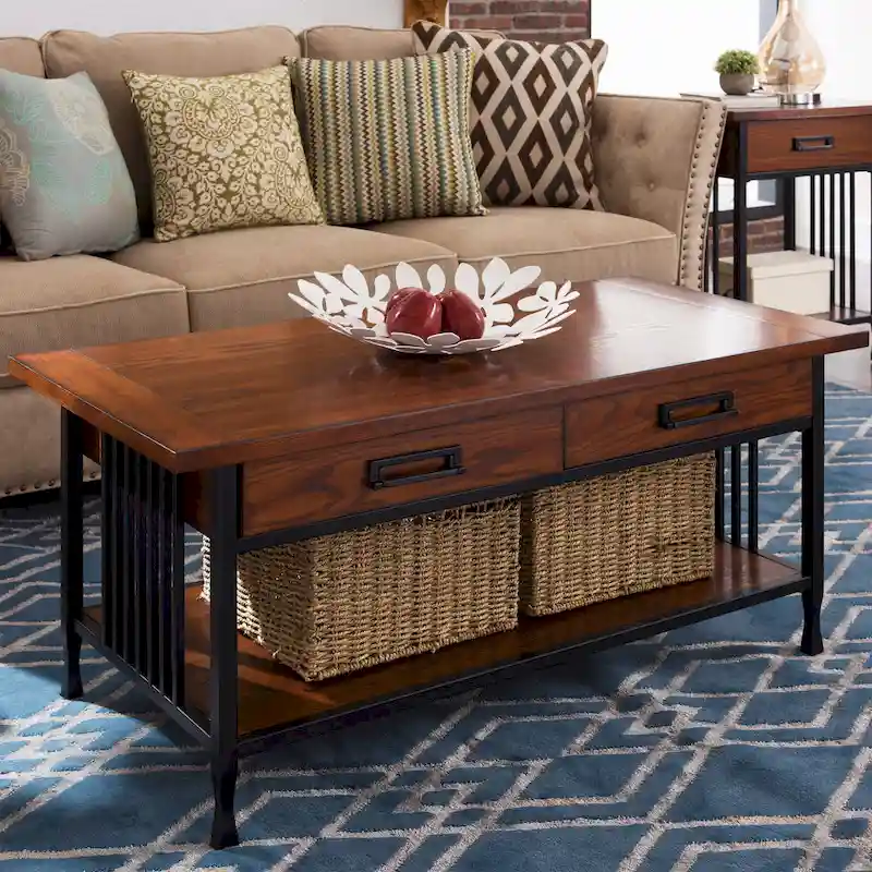 Rectangular Coffee Table, Mission Slats, 2 Drawers, 1 Shelf, Hardwood & Oak Veneer, Brown / Black, 1-Person Use
